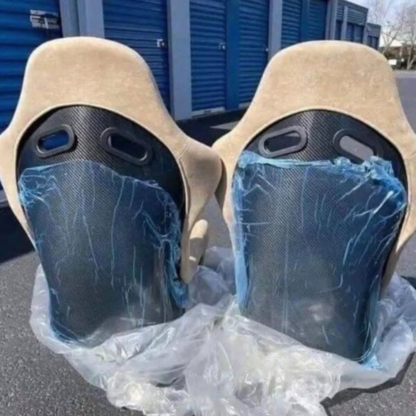 Status Racing Tan Suede Carbon Fiber Bucket Seats.