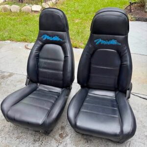 IMG_1785 OEM Mazda MX-5 Miata NA (1990–1997) Front Bucket Seats Pair – Black Leatherette with Teal Miata Logo