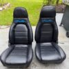 IMG_1786 OEM Mazda MX-5 Miata NA (1990–1997) Front Bucket Seats Pair – Black Leatherette with Teal Miata Logo