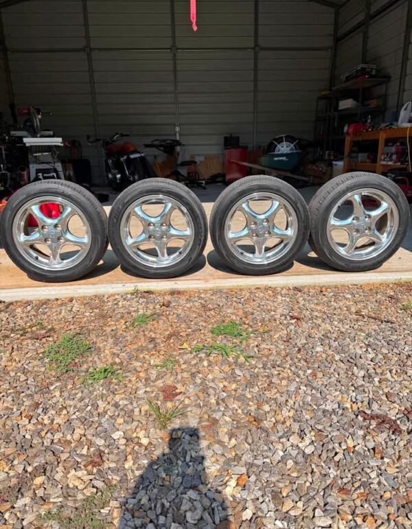 IMG_3117 OEM Mazda Miata 15x6" Chrome 5-Spoke Alloy Wheels w/ Tires (Set of 4)