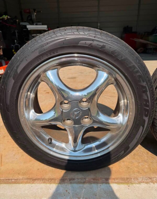 IMG_3121 OEM Mazda Miata 15x6" Chrome 5-Spoke Alloy Wheels w/ Tires (Set of 4)