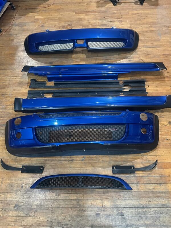 IMG_7922 Complete OEM Mini Cooper (R50/R52/R53 generation) John Cooper Works (JCW) Aerodynamic Body Kit finished in metallic blue (Hyper Blue).