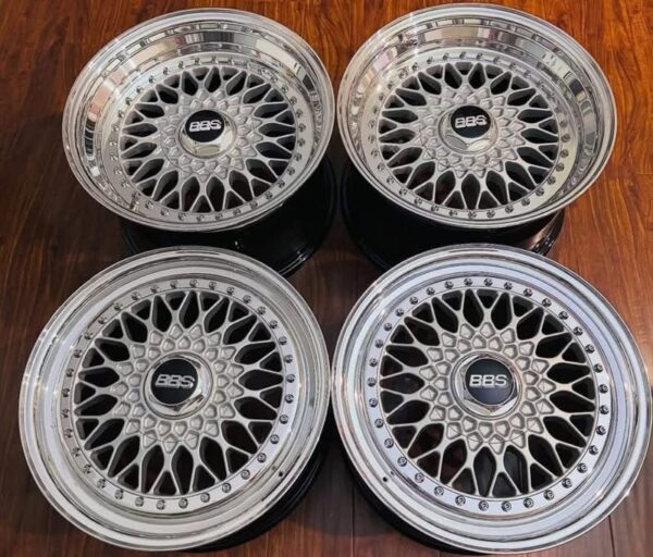 IMG_8184 15" BBS RS Style Modular Mesh Wheels Set (4x100 Fitment) – Silver / Polished Lip