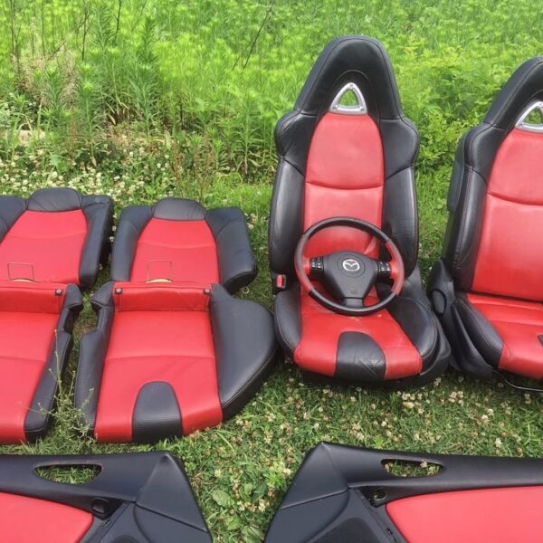 IMG_1021 Mazda MX-5 Miata Red & Black Leather Seats, Steering Wheel, and Interior Door Panels – Complete Interior Set
